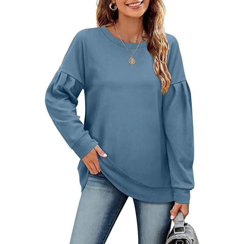 Solid Color Women's Sweatshirt with Round Neck Design - Trendy Attic Store01