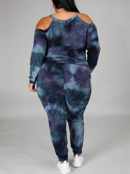 Plus Size Women's Off Shoulder Tie Dye Casual Suit