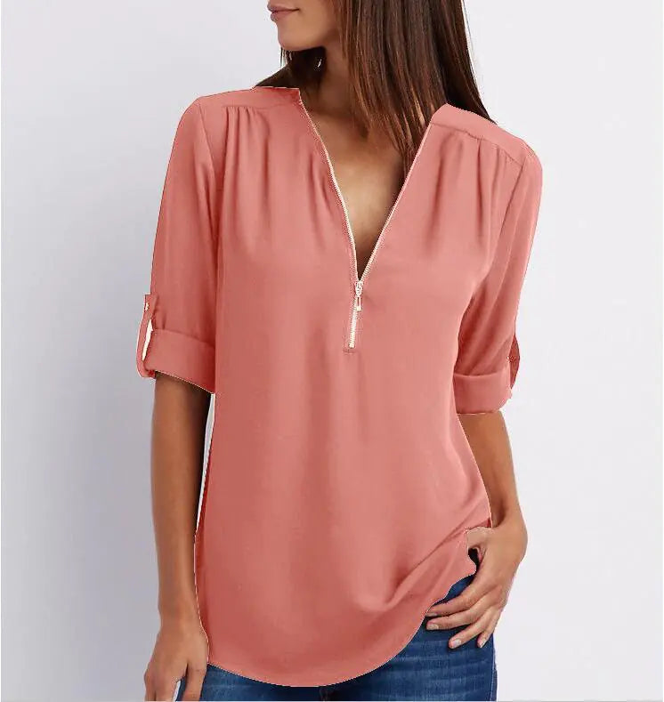 Plus Size V-Neck Long Sleeve Zip Chiffon Shirt