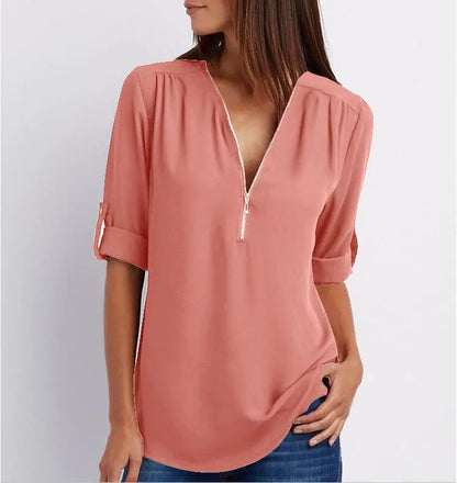 Plus Size V-Neck Long Sleeve Zip Chiffon Shirt
