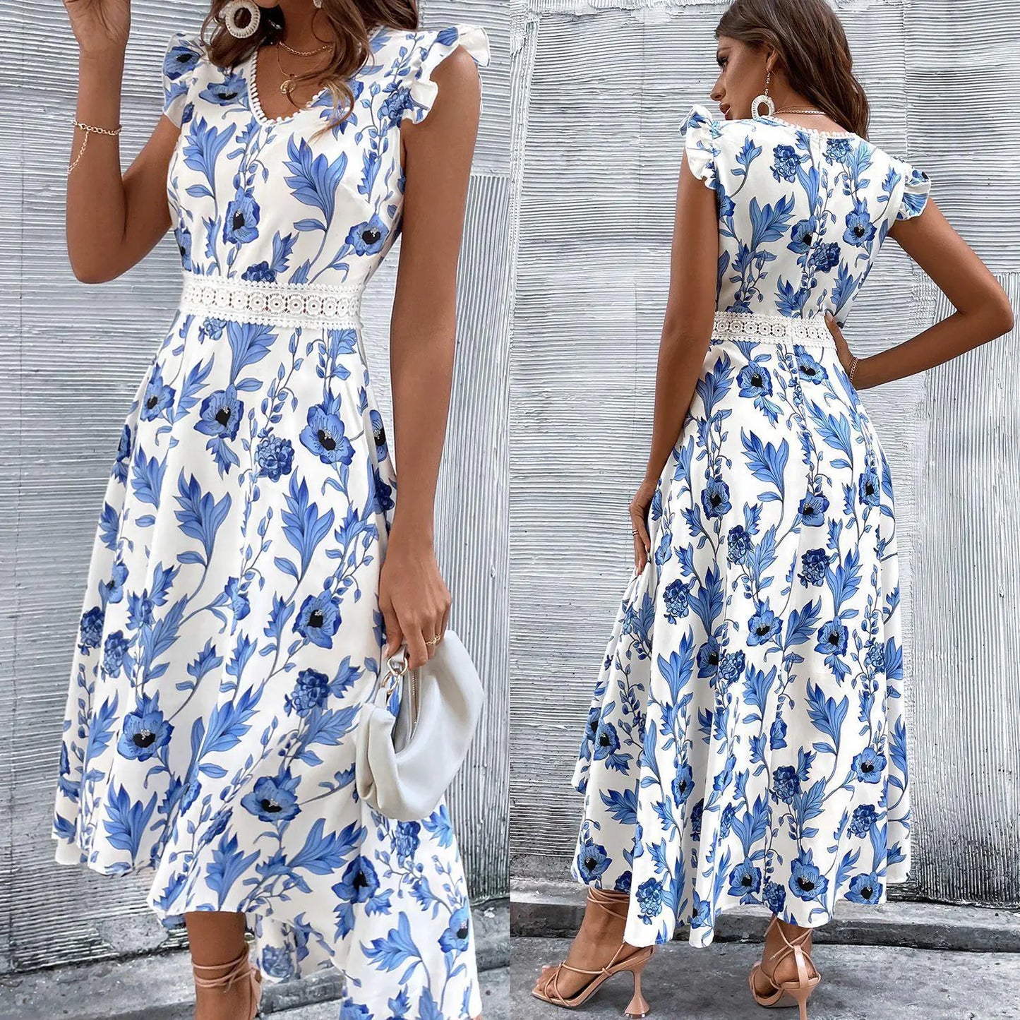 Printed Women's Lace Patchwork Dress - European & American