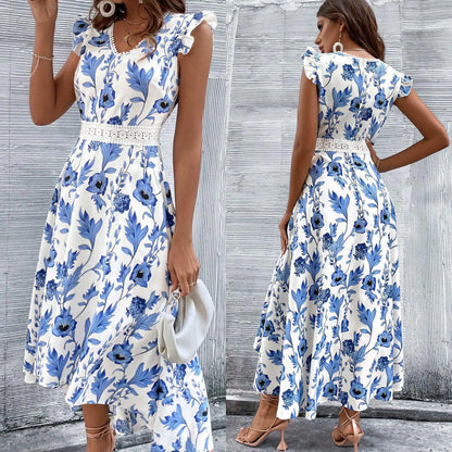 Printed Women's Lace Patchwork Dress - European & American