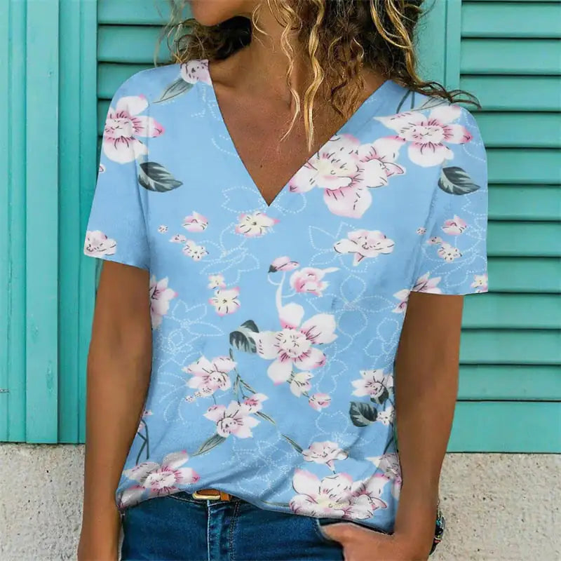 Women's V-Neck Short Sleeve Flower Print T-Shirt