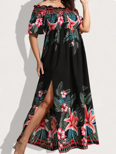 Plus Size Tropical Print Off Shoulder Maxi Dress