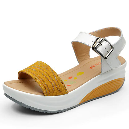 Leather Wedge Mid-Heel Sandals with Thick Soles