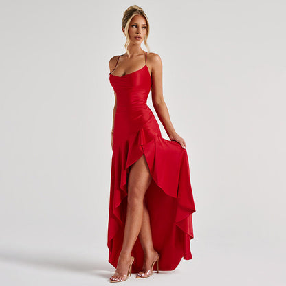 elegant satin long skirt personality suspender ruffle high slit dress club clothing