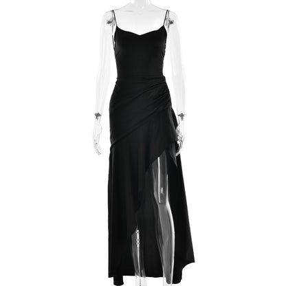 elegant satin long skirt personality suspender ruffle high slit dress club clothing
