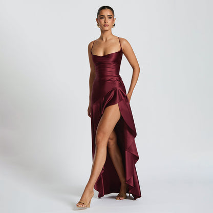 elegant satin long skirt personality suspender ruffle high slit dress club clothing