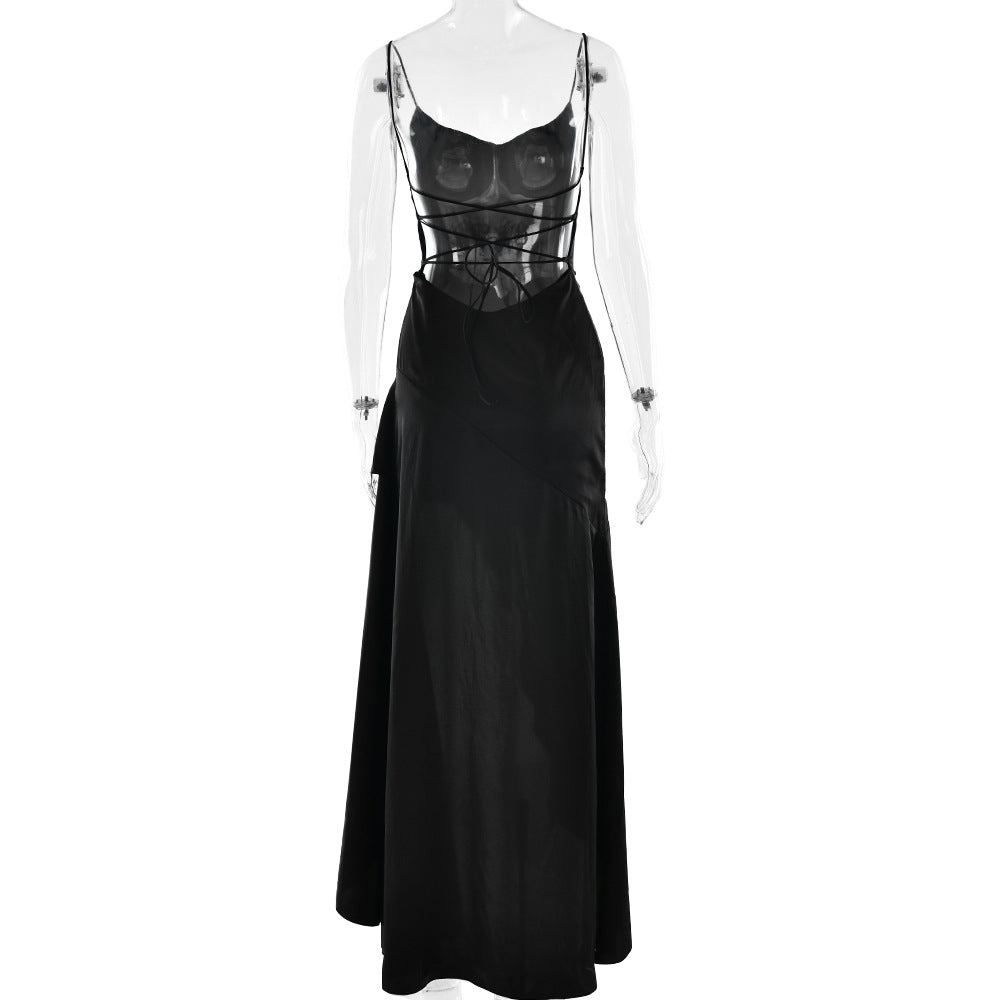 elegant satin long skirt personality suspender ruffle high slit dress club clothing