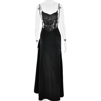 elegant satin long skirt personality suspender ruffle high slit dress club clothing