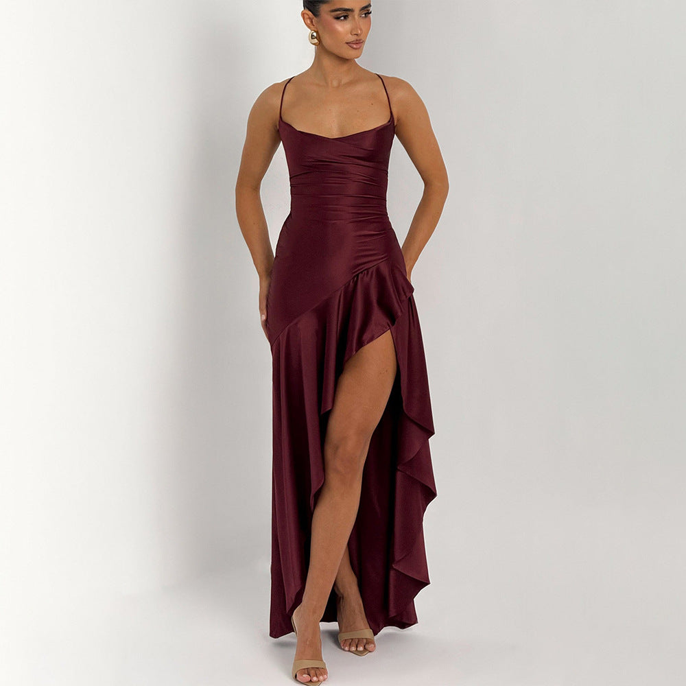 elegant satin long skirt personality suspender ruffle high slit dress club clothing