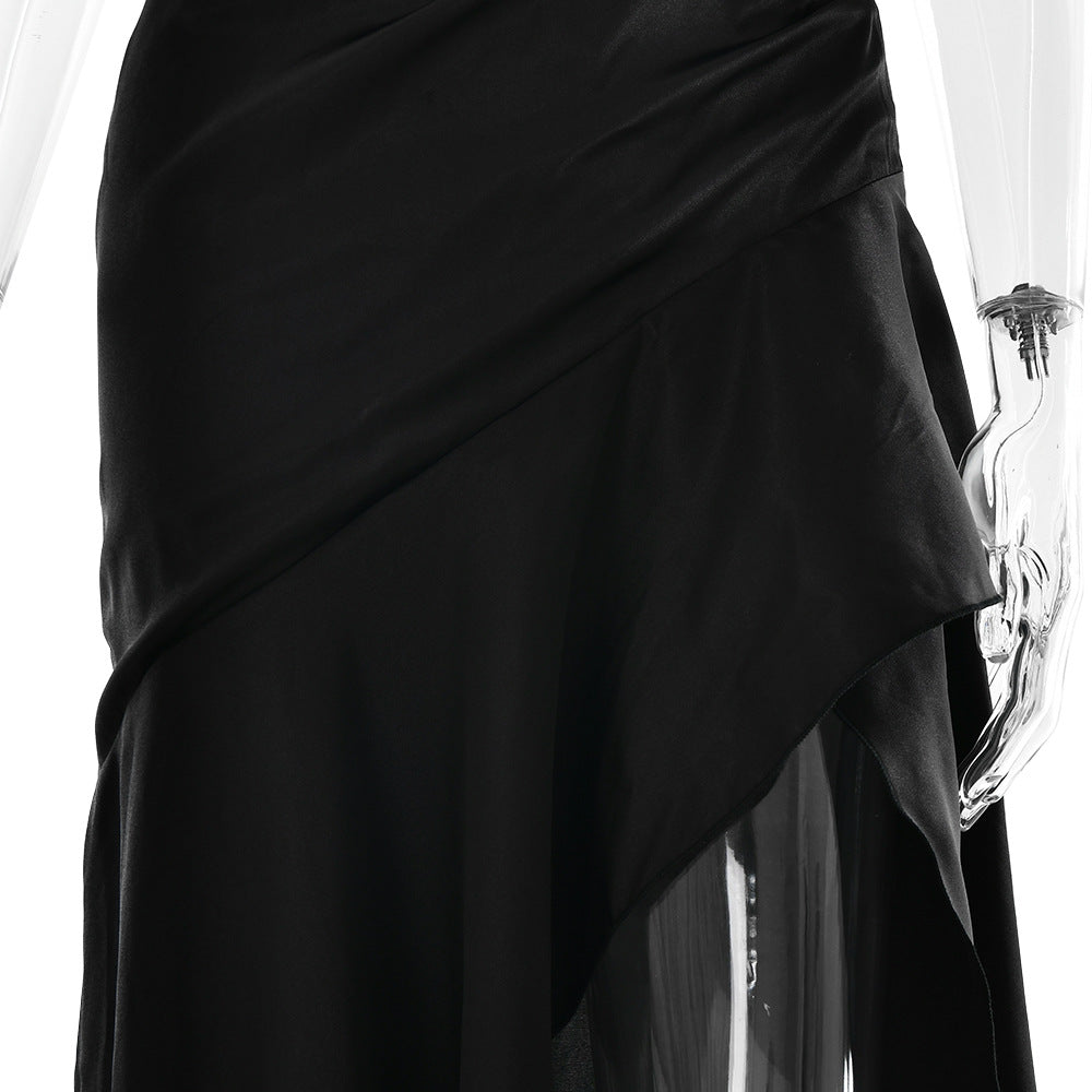 elegant satin long skirt personality suspender ruffle high slit dress club clothing