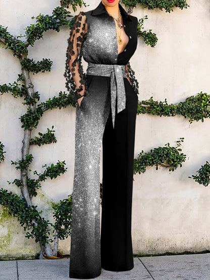 WOLFF Elegant Overalls with Lace Panel Flare Pants (One Set)