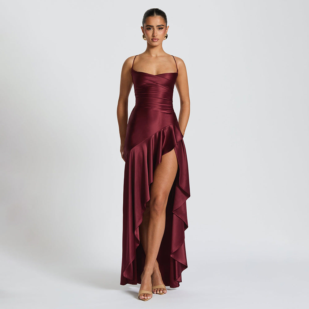 elegant satin long skirt personality suspender ruffle high slit dress club clothing