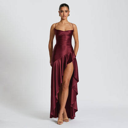 elegant satin long skirt personality suspender ruffle high slit dress club clothing