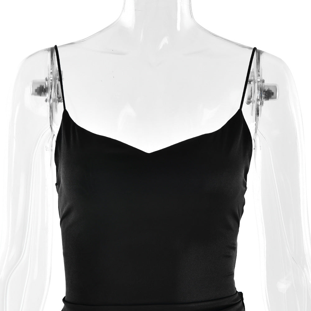 elegant satin long skirt personality suspender ruffle high slit dress club clothing