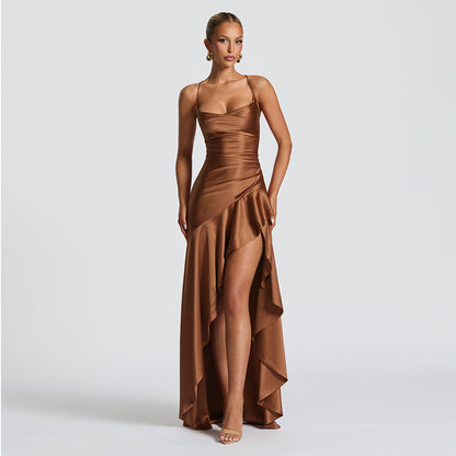 elegant satin long skirt personality suspender ruffle high slit dress club clothing
