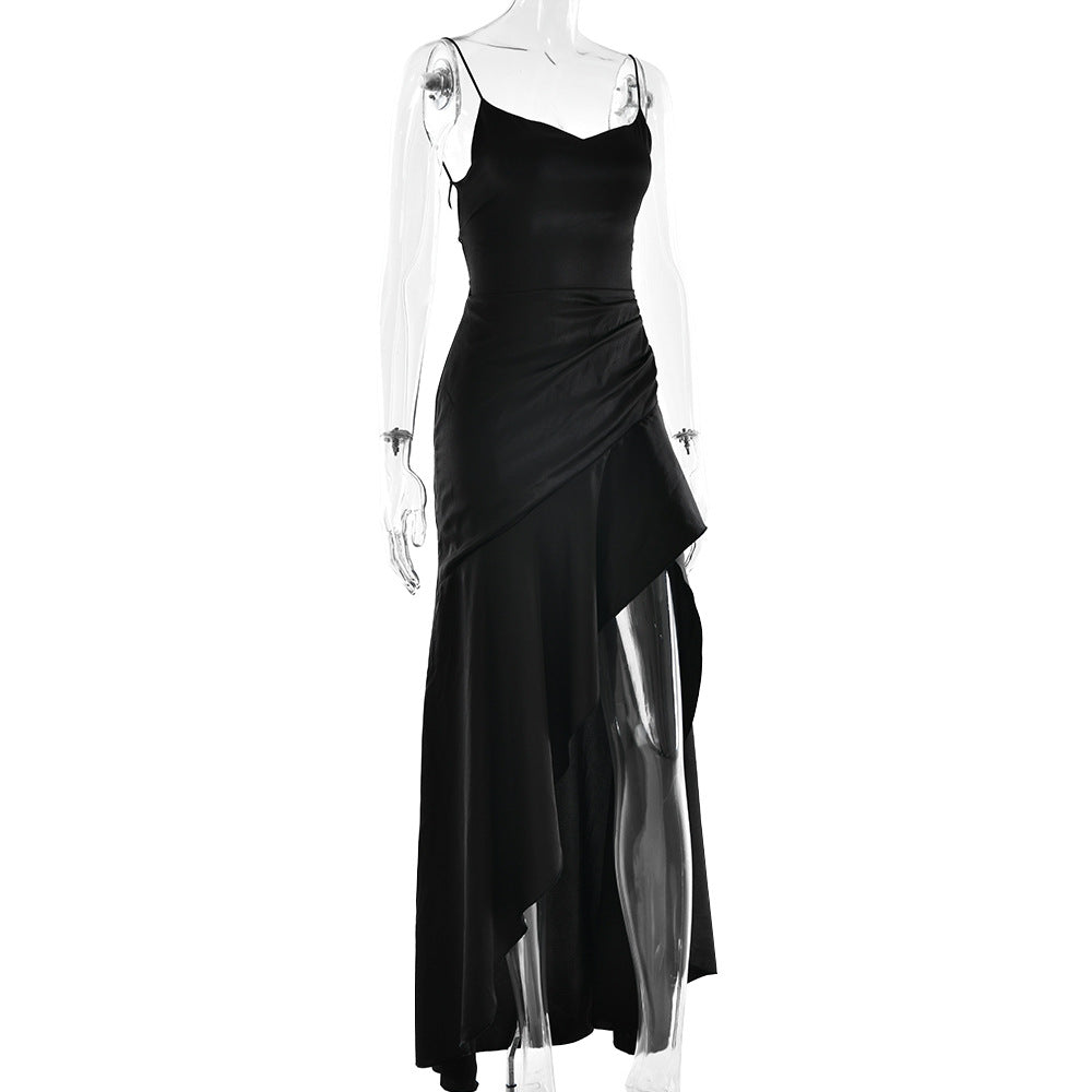 elegant satin long skirt personality suspender ruffle high slit dress club clothing
