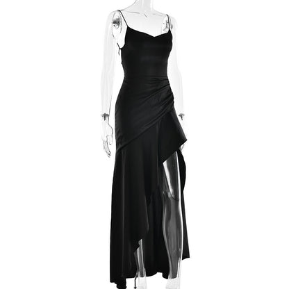 elegant satin long skirt personality suspender ruffle high slit dress club clothing