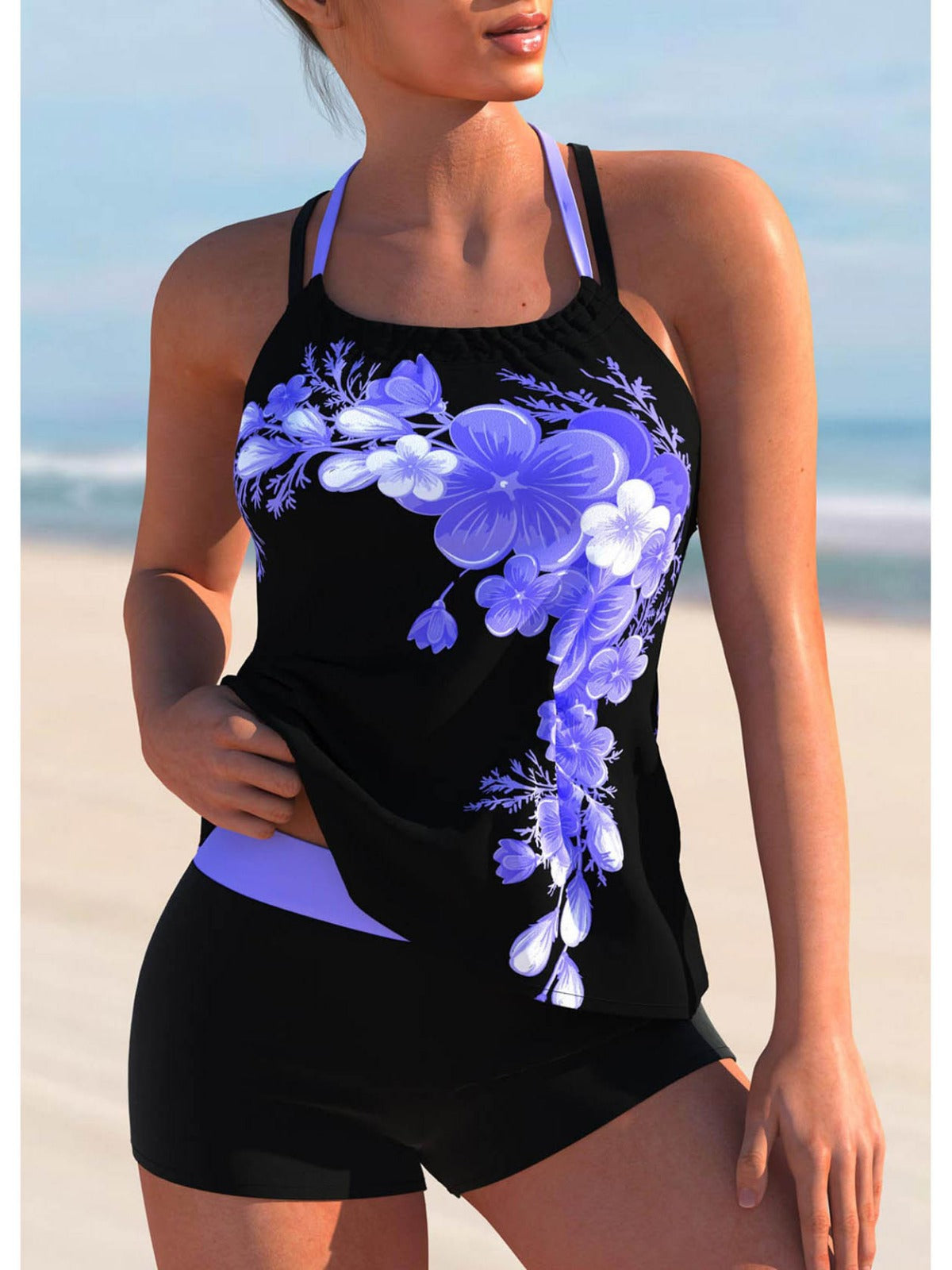 WOLFF Black Tankini with Double Straps and Print (One Piece)