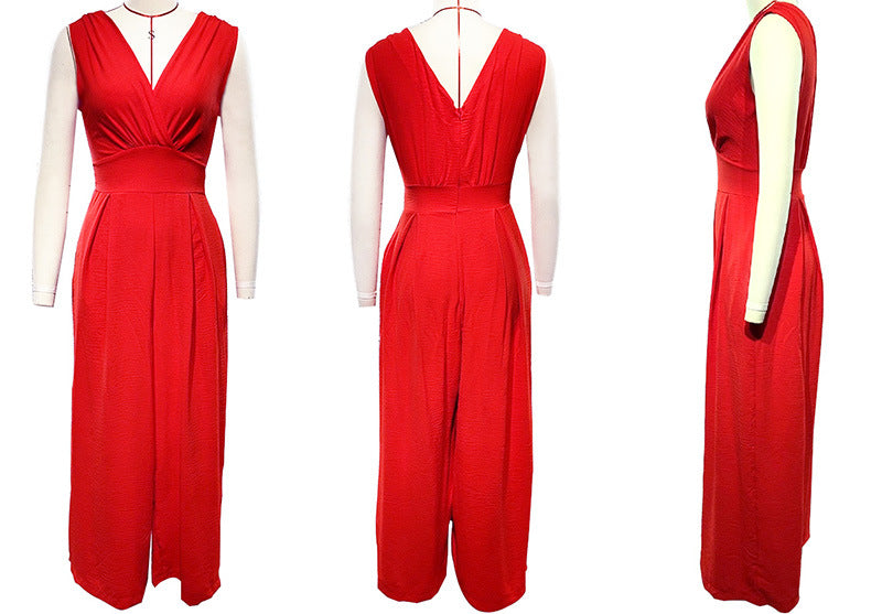 V-neck High Waist Wide Leg Jumpsuit for Women (One Piece)