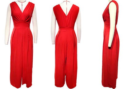 V-neck High Waist Wide Leg Jumpsuit for Women (One Piece)