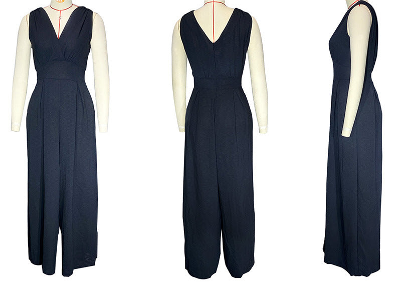 V-neck High Waist Wide Leg Jumpsuit for Women (One Piece)