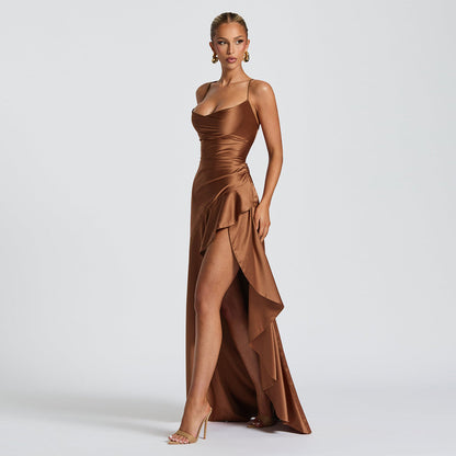 elegant satin long skirt personality suspender ruffle high slit dress club clothing