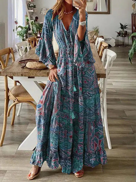 Bohemian Beach Maxi Dress with Floral Print for Women
