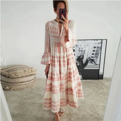 Summer Women's Geometric Print V-Neck Maxi Dress