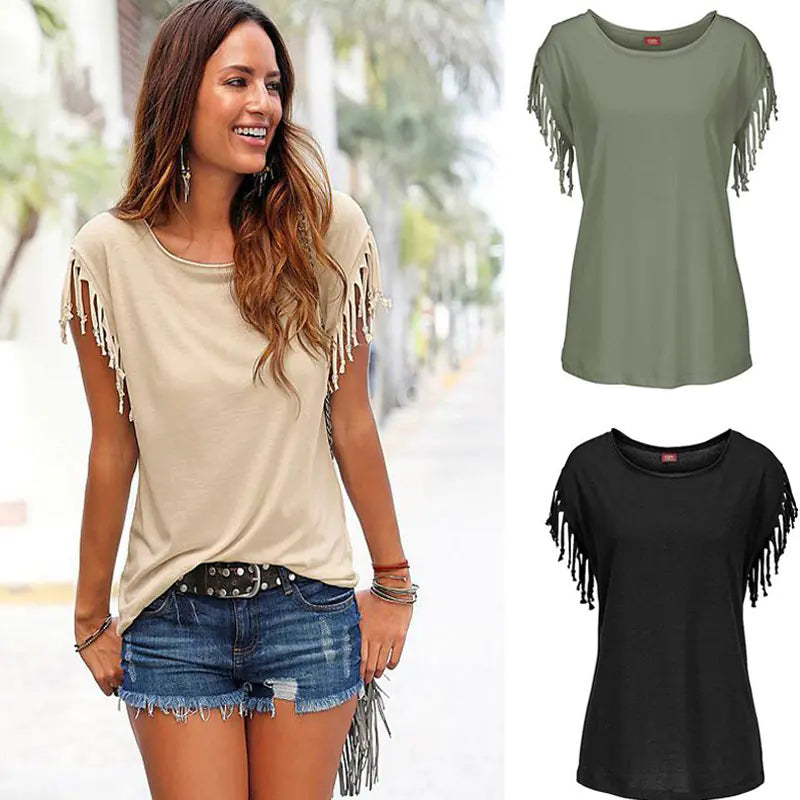 Plus Size Women's Short Sleeve Fringe T-Shirt Top