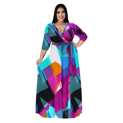 Women's Plus Size V-Neck Print Dress for Spring & Autumn