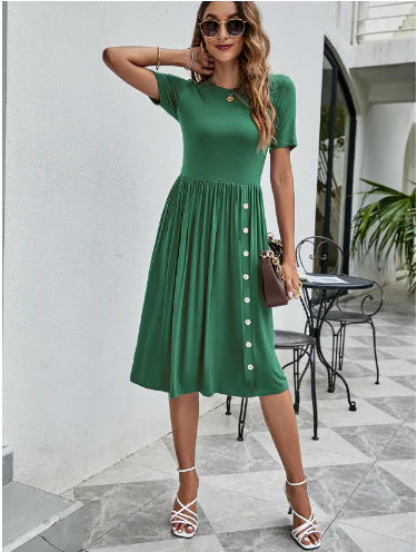 Solid Color Button Pocket Casual Women's Dress