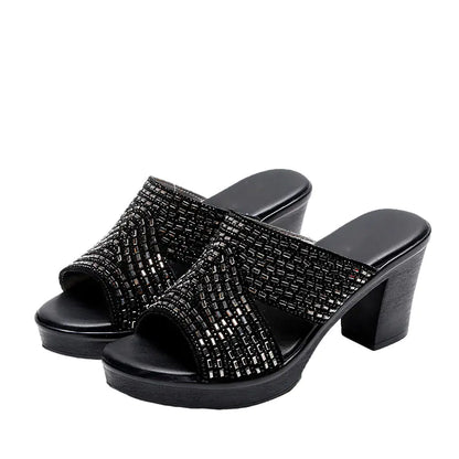 Rhinestone Platform Thick Heel High Heels