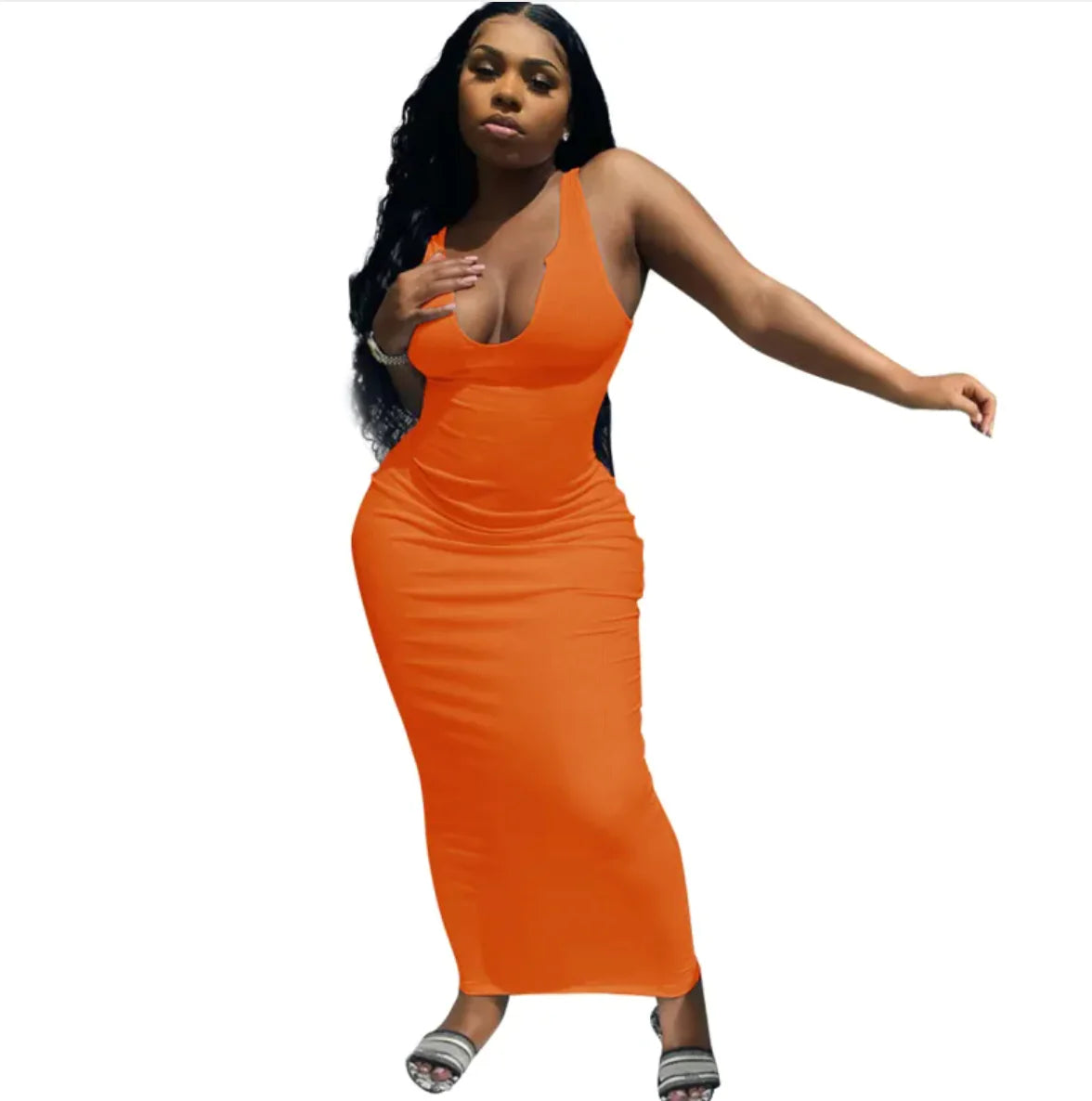 Maxikleid mit tiefem V-Ausschnitt und Spaghettiträgern