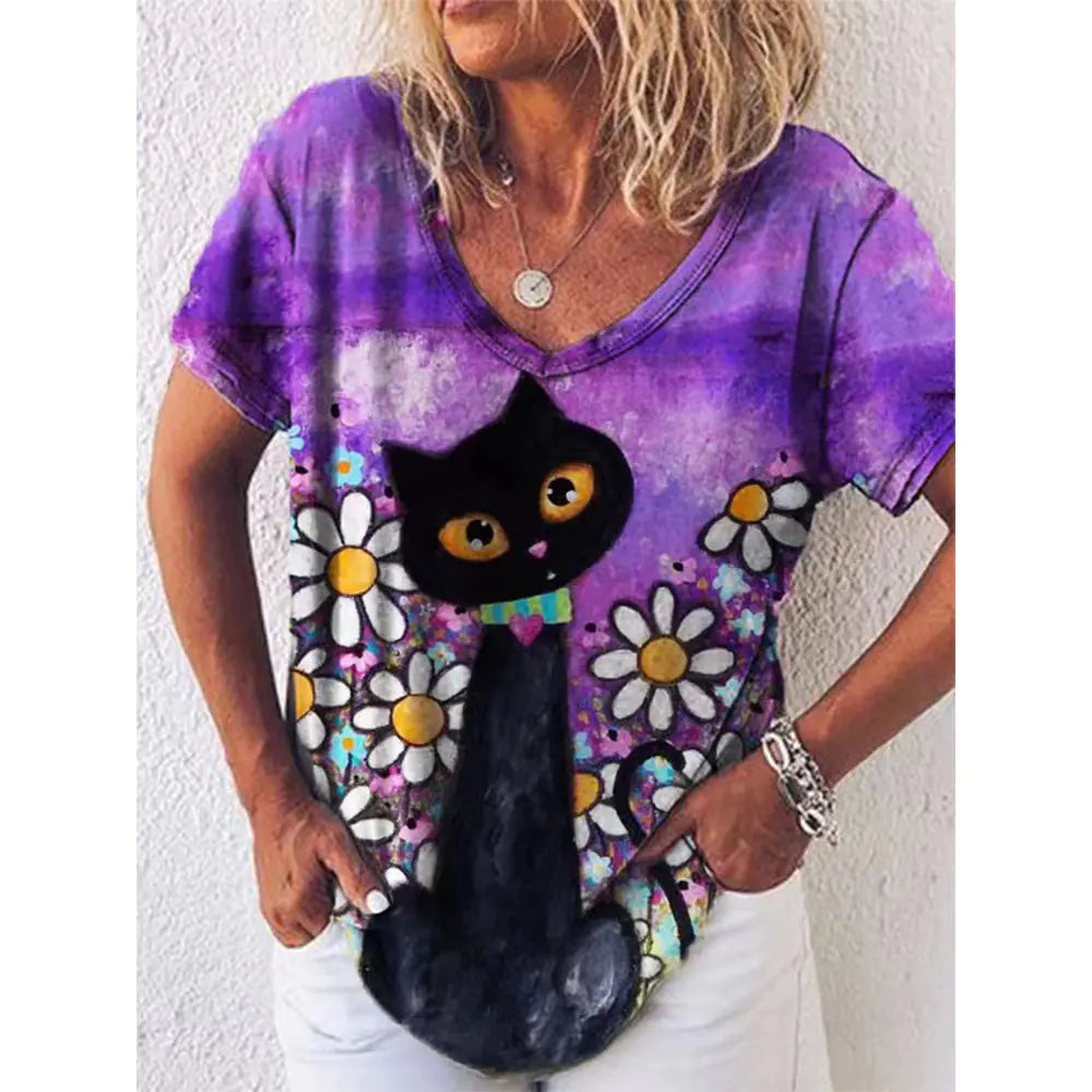 Sommerliches Damen-V-Ausschnitt-T-Shirt mit 3D-Druck