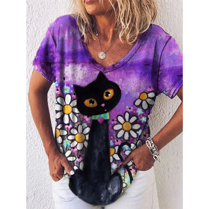 Sommerliches Damen-V-Ausschnitt-T-Shirt mit 3D-Druck
