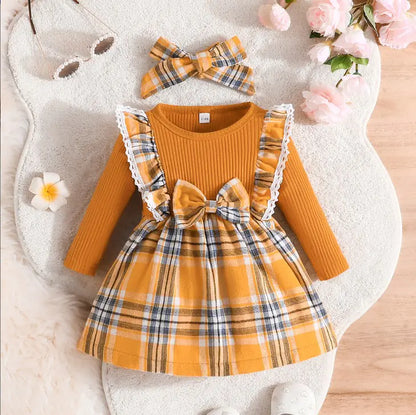 Plaid Long Sleeve Dress in Christmas Style for Girls