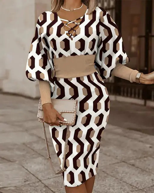 Elegant Women's V-Neck Long Sleeve Pencil Dress