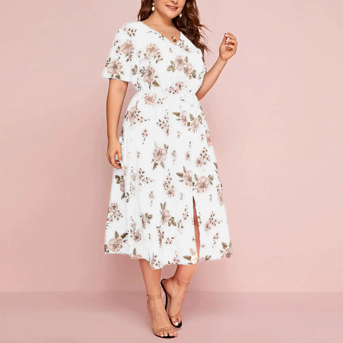 Plus Size Floral Print V-Neck Short Sleeve Dress