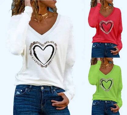 Heart Pattern V-neck Long-sleeve Women's T-shirt