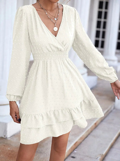 V-Neck Long Sleeve Ruffle A-Line Skirt Dress