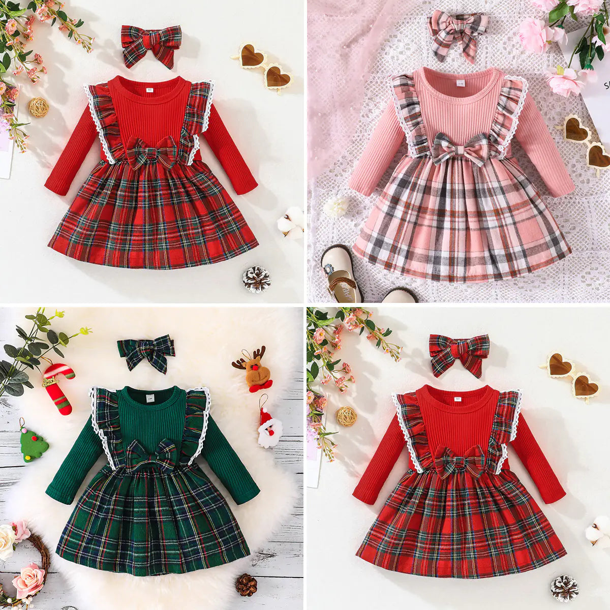 Plaid Long Sleeve Dress in Christmas Style for Girls