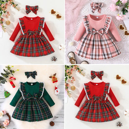 Plaid Long Sleeve Dress in Christmas Style for Girls