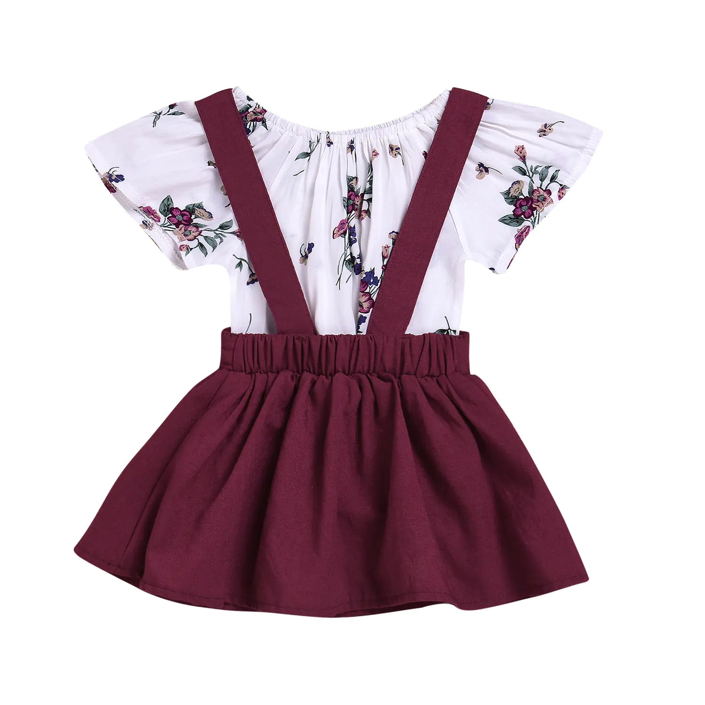 Red Floral Print Suspender Dress for Kids (Two-Piece Set)