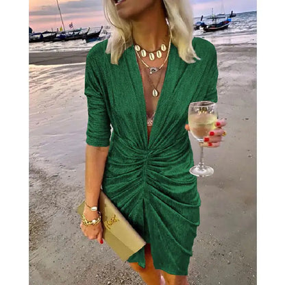 V-neck Pleated Long Sleeve Dress for Spring/Summer