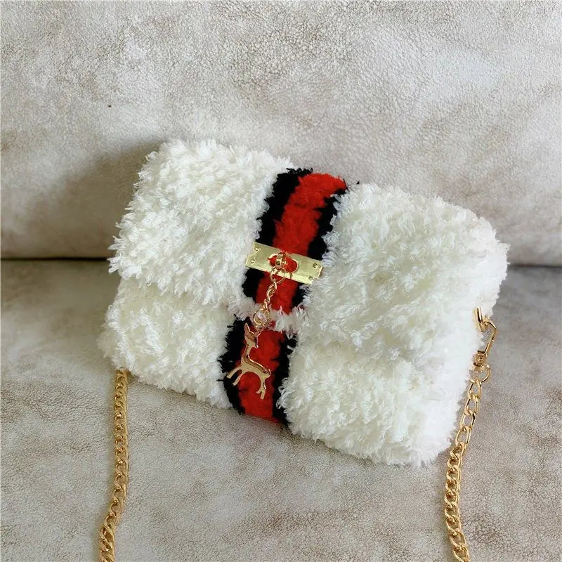 Bolso de Hombro de Peluche Forrado de Lana Tejido a Mano