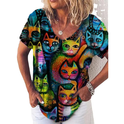 Sommerliches Damen-V-Ausschnitt-T-Shirt mit 3D-Druck