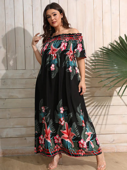 Plus Size Tropical Print Off Shoulder Maxi Dress