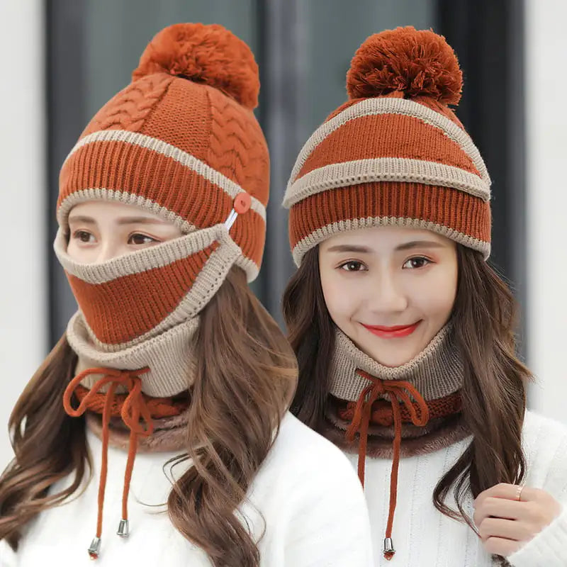 Women's Warm Knitted Beanie Hat and Scarf Set (3pcs)